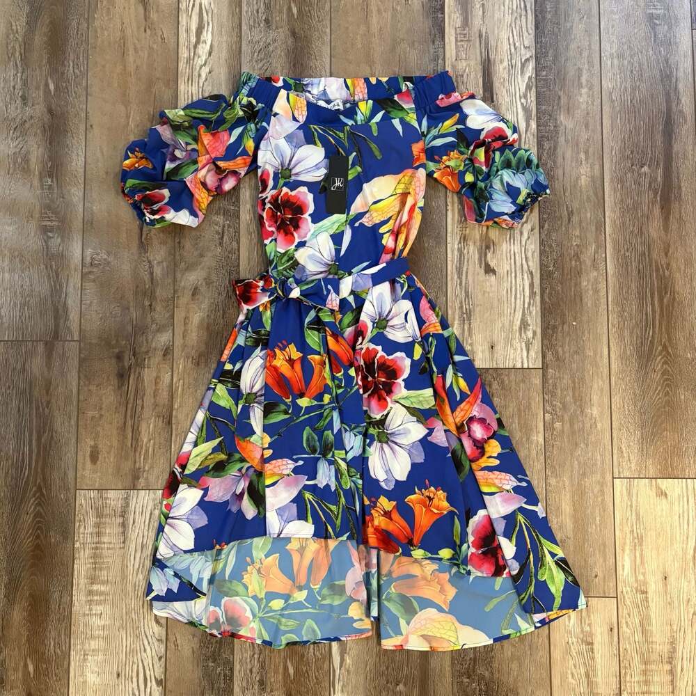Joseph Ribkoff Off Shoulder Floral High Low Dress Blue Wedding Guest 4